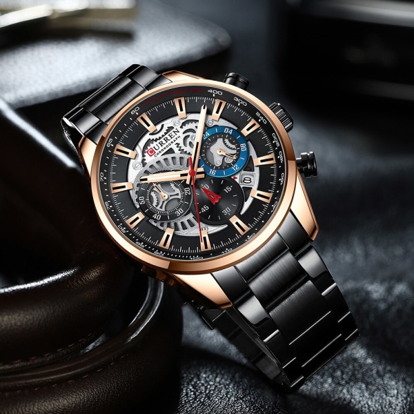 CURREN Herr Quartz Armbandsur Casual Sport Klockor i rostfritt stål för manlig kronograf och lysande handklocka black rose watch