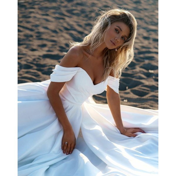 Strandbröllopsklänning för kvinnor 2023 Off The Shoulder Enkel A Line Princess Brudklänning Modern Robe De Mariee Anpassa White 10