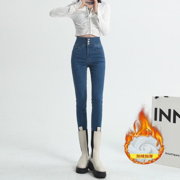 FINORD Vintage Winter Thicken High Waist Jeans Casual Skinny Jeans Dam Cashmere Push Up Streetwear Slim Pencil Jeansbyxor LakeBlue 27