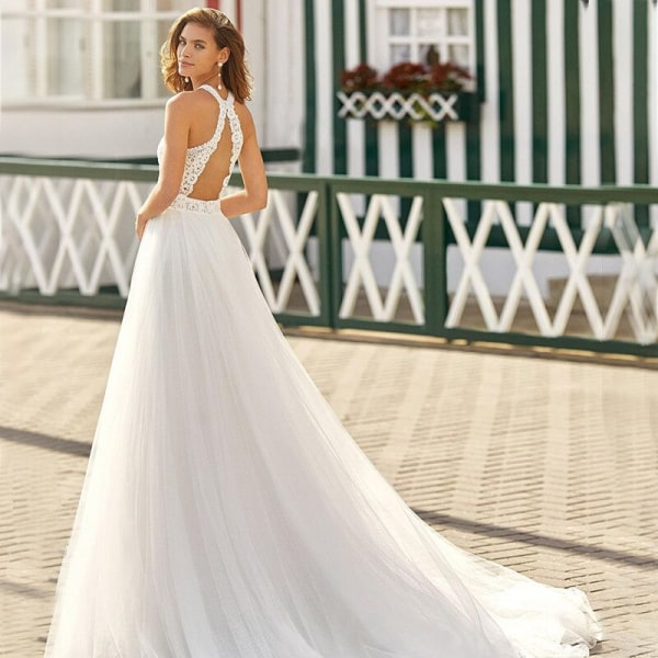 Boho Vit O-hals Bröllopsklänning För Kvinnor Brudklänningar 2023 Spets Rygglös Bohemian vestido de noiva robe de mariée Anpassa white 2