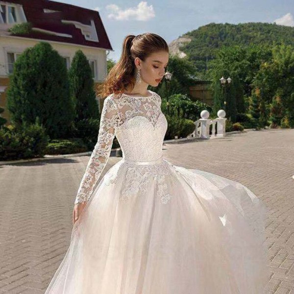 Eleganta applikationer A-linje brudklänning med o-ringad spets 2023 Brudklänningar för kvinnor Spets vestido de noiva robe de mariée white 4