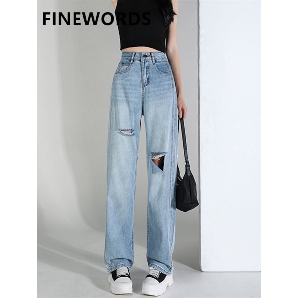 FINORD Mode Vintage tvättad Casual Streetwear Rippade jeans Stort hål Hög midja jeans Dam Streetwear Koreanska lösa jeans Blue L