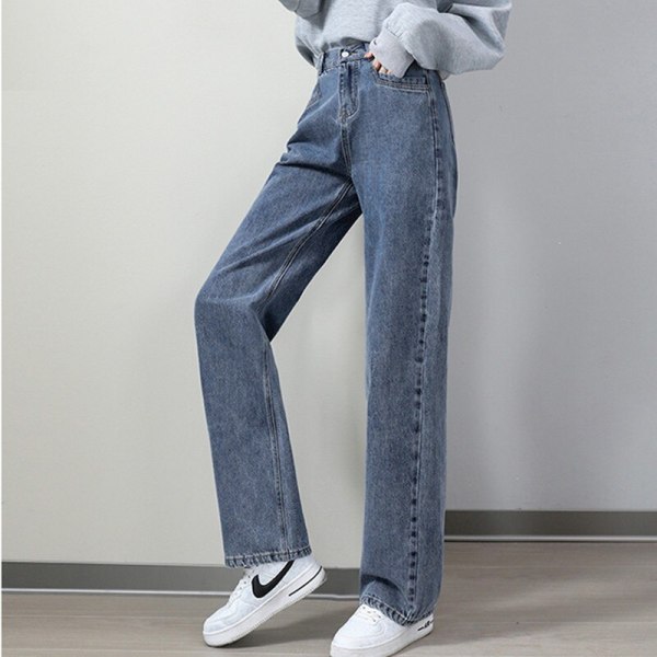FINORD Hög midja Höst Vinter Beige Jeans med breda ben Dam Koreanska Casual Lösa Mom Jeans Streetwear Harajuku jeansbyxor SkyBlue M