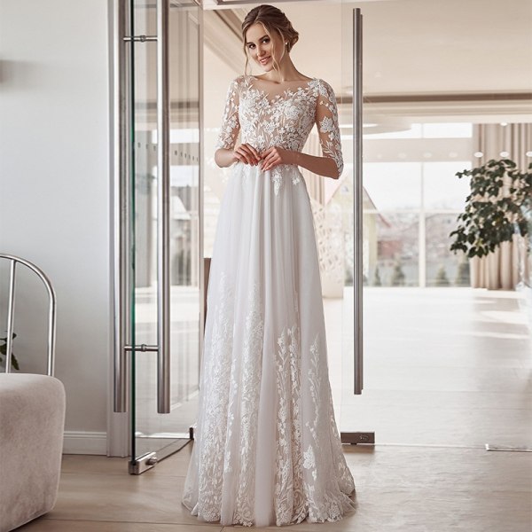 Applikationer A-linje V-ringad Bröllopsklänning För Kvinnor 2023 Brudklänningar Knapp Elegant Spets vestido de noiva robe de mariée white 12