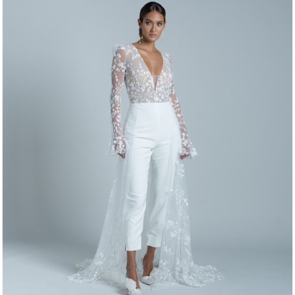 Elegant bröllopsoverall med långa ärmar Spets 2023 Applikationer V-hals Strand Brudklänning Byxor Kostym Rygglös Vestidos De Novia white 16