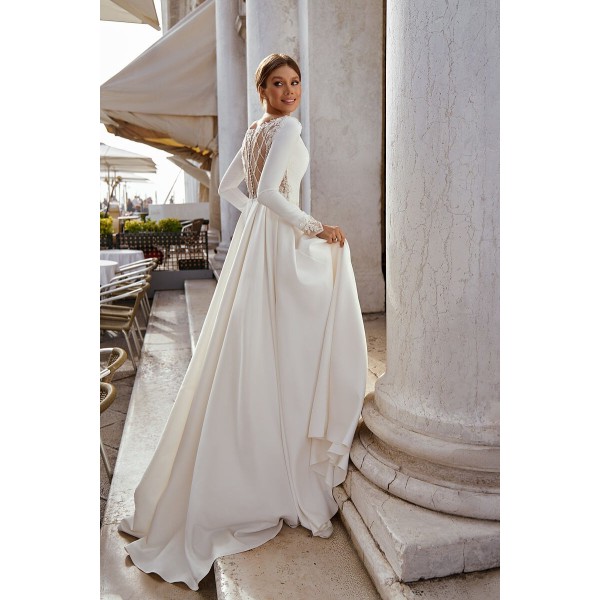 A Line Bröllopsklänning Långärmad med Kristallpärlor Satin Brudklänningar Brudklänningar för kvinnor Skräddarsydda efter mått Elegant Ivory 10
