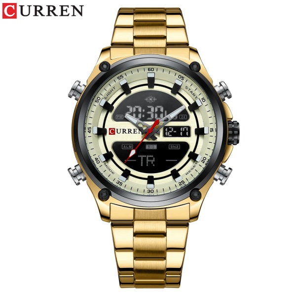 Klockor för män CURRENSport Quartz Digital LED Lysande multifunktionsarmbandsur i rostfritt stål Dual Display Clock Man Watch gold