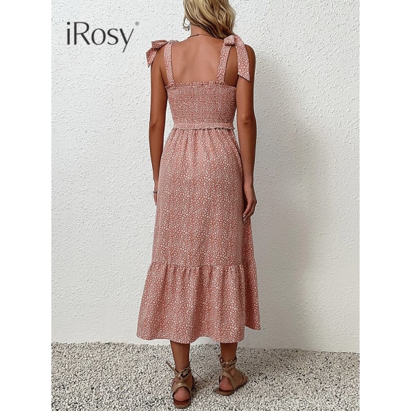 Rosa slipsrem Rynkad volangfåll Cami-klänning för damer Eleganta födelsedagsfestkläder Kvinnor Lång solklänning Kvinnlig Sommarkläder floral S