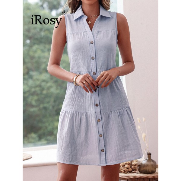 Sommaren 2022 Dammode Ljusblå Skjorta Klänning Elegant Enkel ärmlös Button Down Casual Mini Linne Klänning för Dam Robe lightblue L