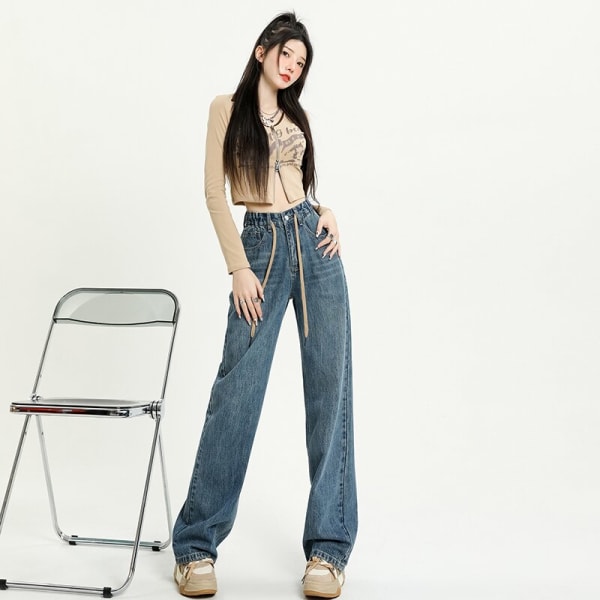 FINORD Vintage lösa jeans med hög midja koreanska streetwear jeans med vida ben Casual hellängd blå tvättade jeansbyxor Blue S