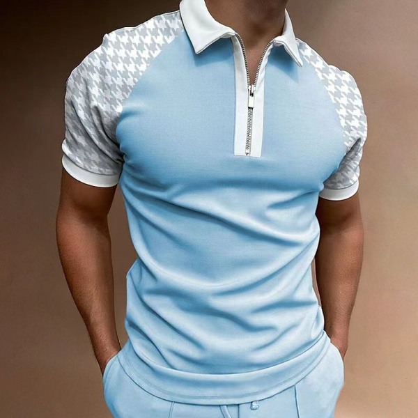 2023 sommar pikétröja för män kortärmad färgmatchande rutig T-shirtjacka light blue XL