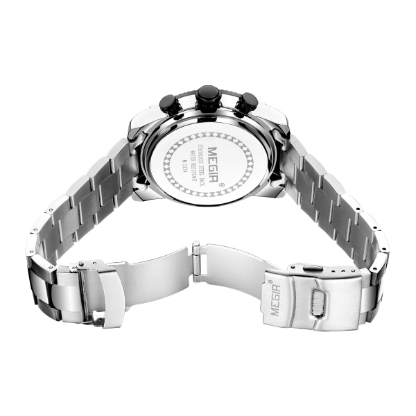 MEGIR Herrklockor Top Brand Luxury Business Armbandsur Vattentät Kalender Quartz Casual Clock Rostfritt stål Man Chronograph Silver