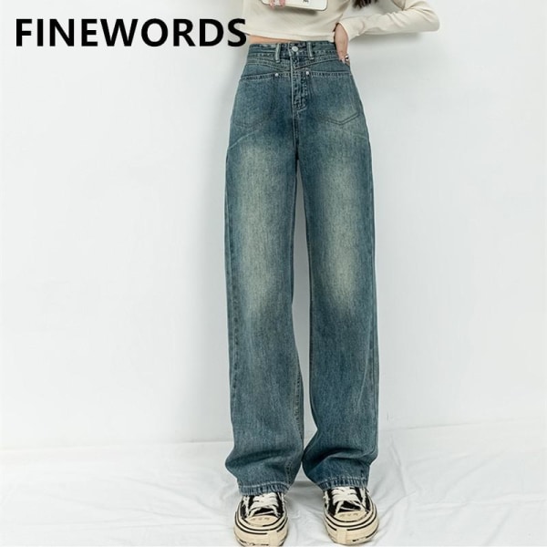 FINORD Vintage y2k dam jeans med ficka koreanska baggy jeans med vida ben Streetwear Punk vintage Casual jeansbyxor med hög midja Blue M
