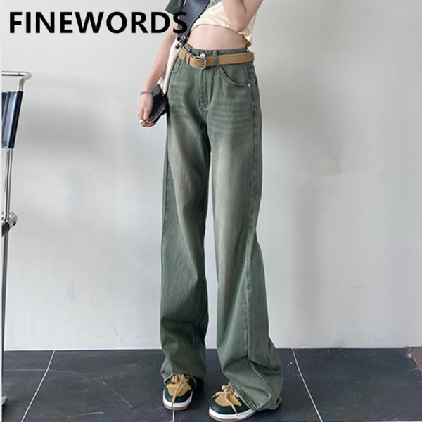 FINORD Vintage tvättade gröna y2k jeans kvinnor koreanska Baggy jeans med vida ben Streetwear Punk vintage Casual jeansbyxor med hög midja Green XS