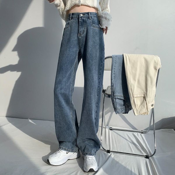 FINORD Beige Wide Leg Bagge Jeans Dam Hög midja Korean Mom Jeans Lösa Casual Streetwear Raka Harajuku jeansbyxor Blue M