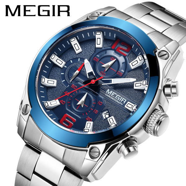 MEGIR Lyx Watch Armbandsur i rostfritt stål Vattentät Herrklocka Lysande watch Kalender reloj hombre 2063 SilverBlue