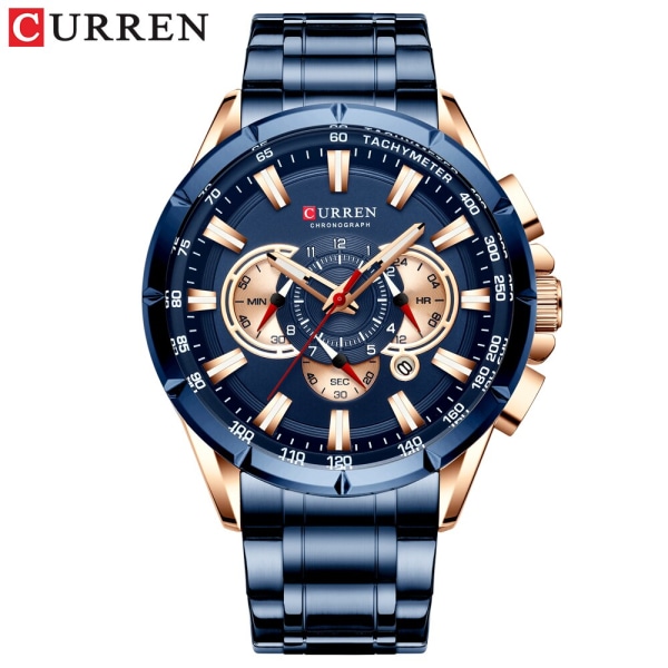 Herr Ny CURREN Casual Sport Chronograph Watch Armbandsur i rostfritt stål med stor urtavla kvartsklocka med lysande pekare rose blue