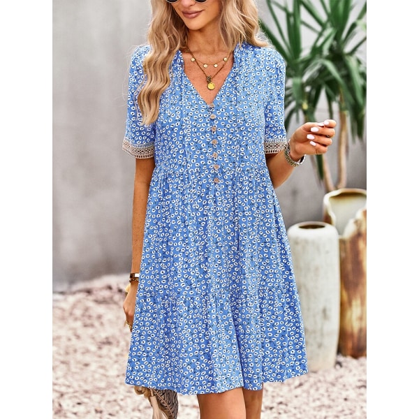 Kvalitet blå blommig viskos klänning för kvinnor 2023 sommar elegant kortärmad fritidshemsklänning med foder Gratis frakt blue S