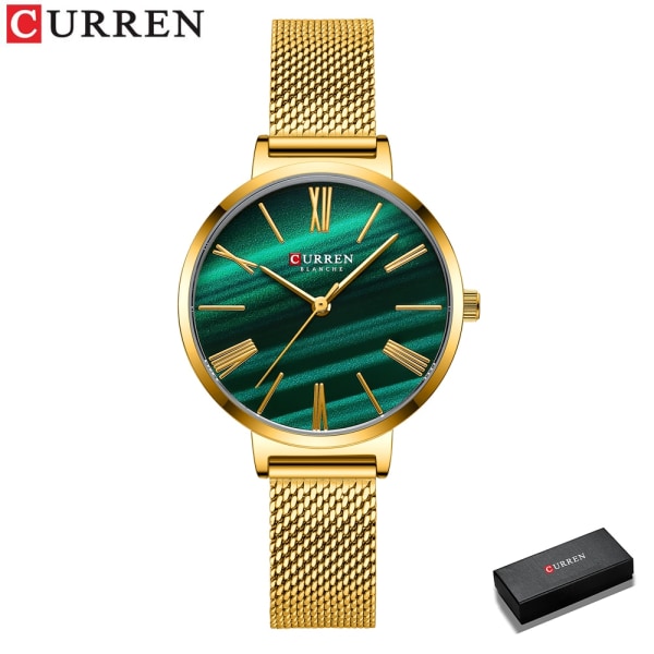 CURREN Klockor För Kvinnor Lyx Enkel Kvartsklocka i rostfritt stål Klassisk Elegant Golden Wrist's Charm Armbandsur gold green box