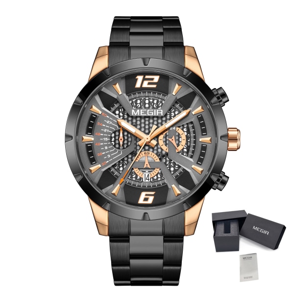 MEGIR watch i rostfritt stål för män Luxury Business Watch Casual Quartz Date Clock Kronograph Big Dial Armbandsur Reloj Hombre RoseBlack