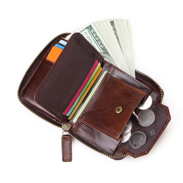Ny RFID Protect Läderplånbok för män Myntväska i äkta läder Man Liten myntplånbok för män Kort plånbok med nyckelring Black