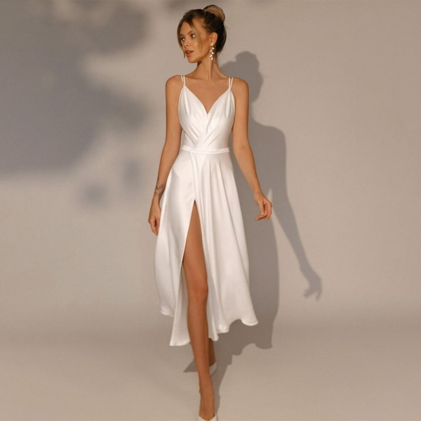 Ny kort bröllopsklänning för kvinnor V-hals spaghettiband Sidoslits Rygglös Brud Dress Satin Civil Vestidos De Novia White 12