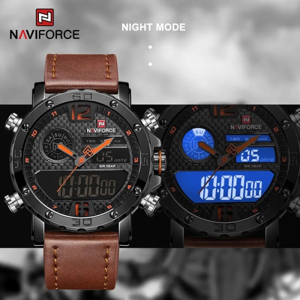 Herrullar - Läder Sportklockor NAVIFORCE Herrklocka Kvarts LED Digital Klocka Vattentät Militär Armbandsur BRB