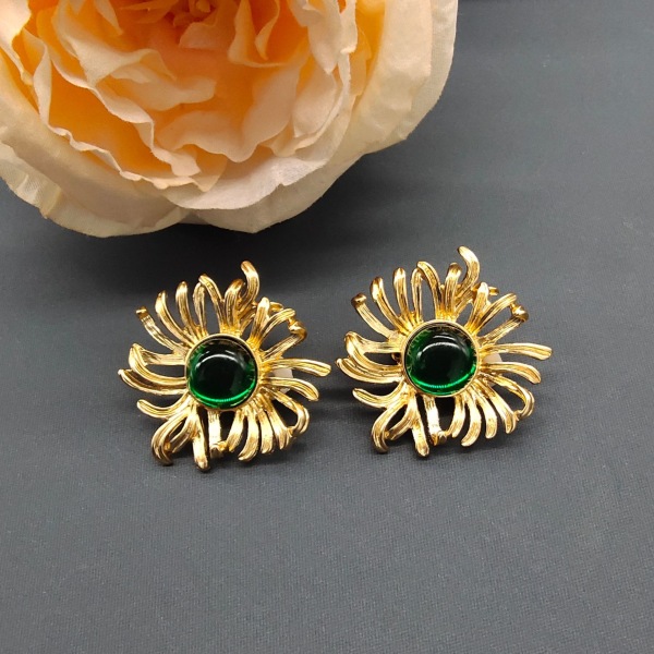 Mellangamla vintage glasyr pärlörhängen äkta guld galvaniserade solrosörhängen Green-Ear Clip