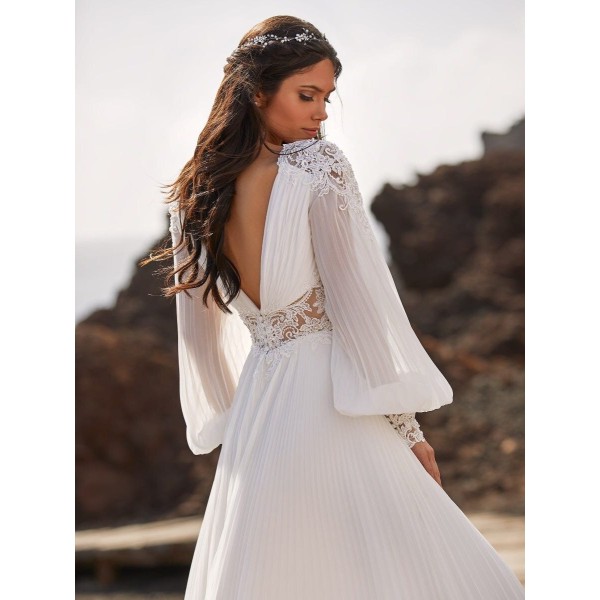 Elegant A Line Bröllopsklänningar 2023Chiffong Långärmad Brudklänning Djup V-ringad Applikation Boho Brudklänning För Kvinnor ivory 12