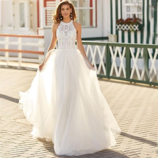 Boho Vit O-hals Bröllopsklänning För Kvinnor Brudklänningar 2023 Spets Rygglös Bohemian vestido de noiva robe de mariée Anpassa white 12