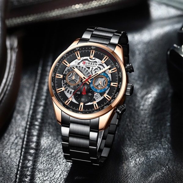 CURREN Herr Quartz Armbandsur Casual Sport Klockor i rostfritt stål för manlig kronograf och lysande handklocka black rose watch box