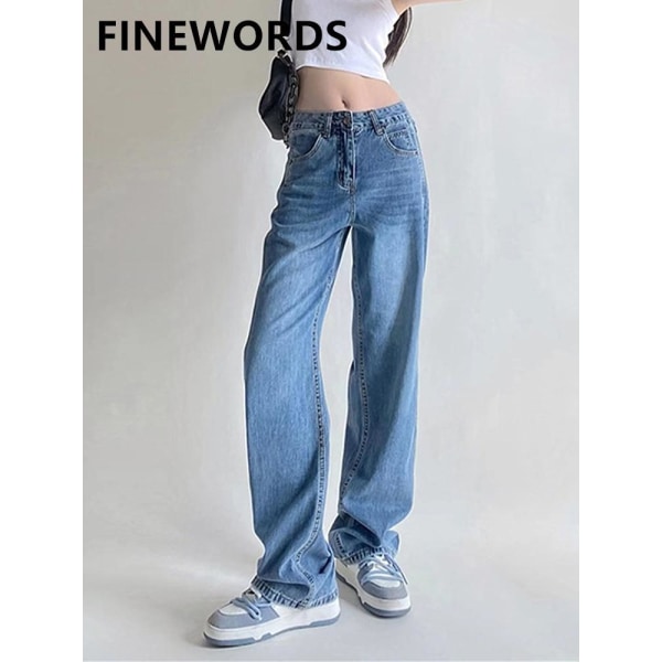 FINORD Streetwear High Waist Korean Mom Jeans Dam Easymatch Vintage Breda Ben Raka Jeans Lösa Casual Punk Blue Jeans Blue M