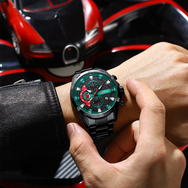 CURREN Herrmode Vattentät Sport Quartz Chronograph Armbandsur Lyxig klocka i rostfritt stål med lysande Relogio Masculino Black green
