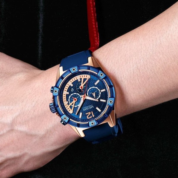 MEGIR Mode Herrklockor Toppmärke Lyx Silikon Sport Watch Kronograf Datum Vattentät Armbandsur Manklocka 2083 RoseBlue