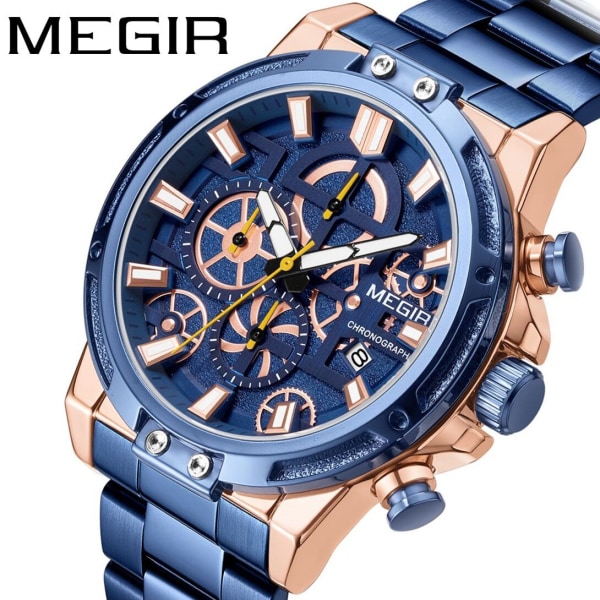 MEGIR Luxury Business Quartz klockor för män Armband i rostfritt stål Herr Casual Armbandsur Vattentät Man Clock Chronograph Silver