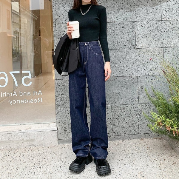 FINORD Vintage svarta jeans med hög midja koreanska Casual lösa jeans med vida ben Streetwear Hellängd Harajuku raka jeans Black M