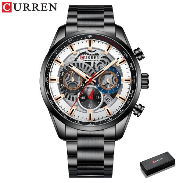 CURREN Klockor Herrmode Militärsport Quartz Armbandsur för män i rostfritt stål med kronograf och datum black watch box