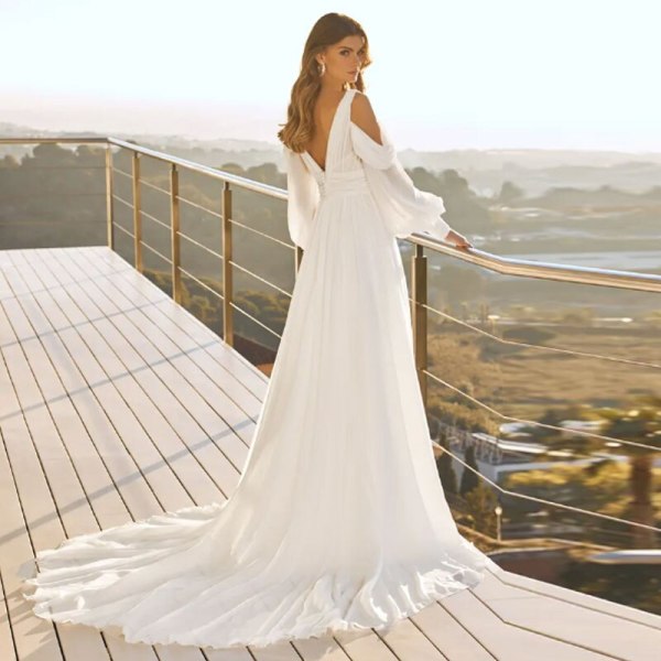 Bröllopsklänningar med V-hals för kvinnor 2023 Brud Moderna Långärmade Brudklänningar Vestido De Casamento Med Sweep Train ivory 10
