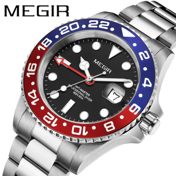 MEGIR klockor för män Top Brand Luxury Quartz Business Watch Rostfritt stål Luminous Date Armbandsur Klocka Reloj Hombre 8405 BlueRedSilver