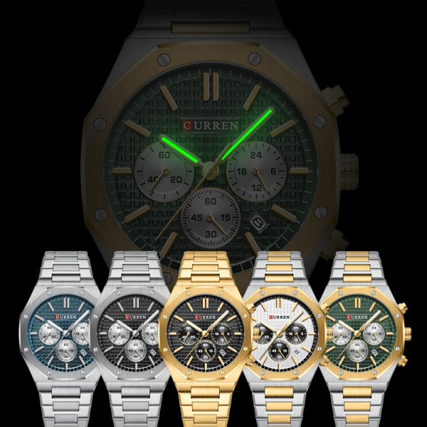 CURREN Klockor för Mans Mode Sport Vattentät Chronograph Octagonal Design Quartz lysande armbandsur med Auto Date Golden green