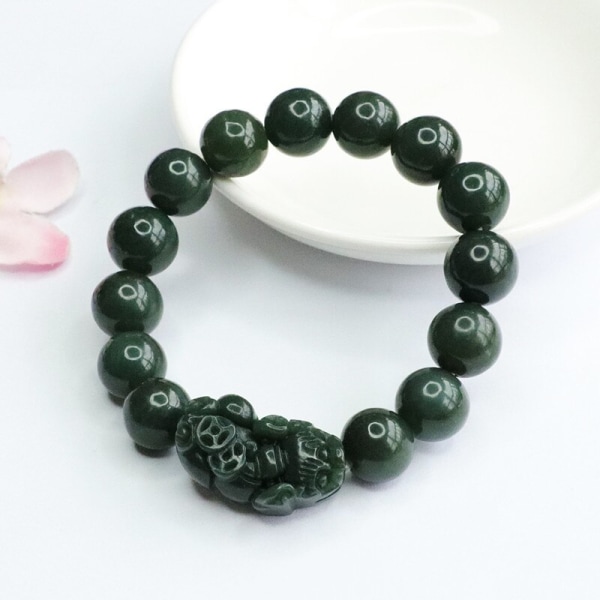 Naturlig grön Jade Pixiu Armband Män Kvinnor Fina Smycken Äkta Hetian Jades Nephrite Pixui Rikedoms- och skyddsarmband 12mm