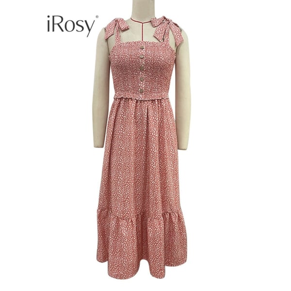 Rosa slipsrem Rynkad volangfåll Cami-klänning för damer Eleganta födelsedagsfestkläder Kvinnor Lång solklänning Kvinnlig Sommarkläder floral S
