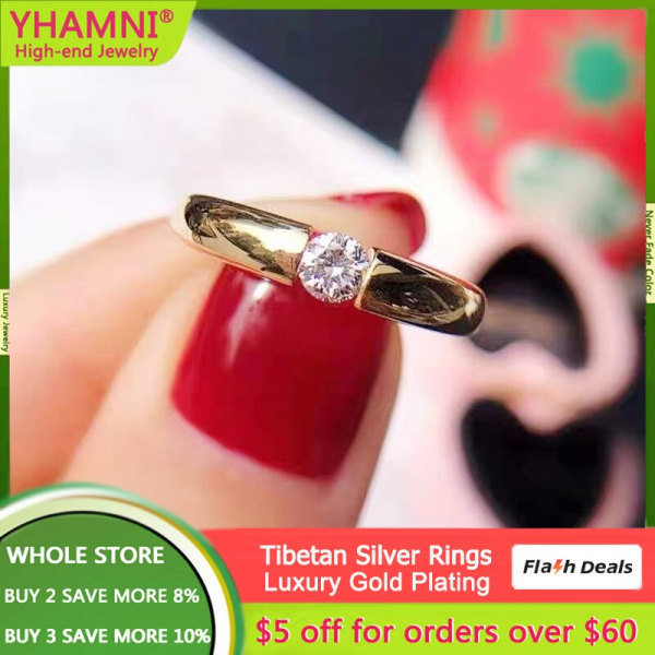 Fin Gult Guld Färg Ring med inloggningsuppgifter Allergifri tibetansk Silver Ring Solitaire 1 karat zirkonsten Bröllopsring R16 6