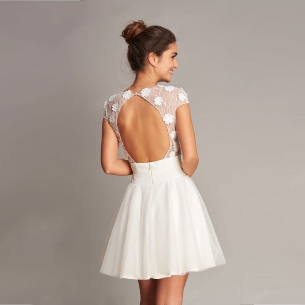 Prinsessan Kort Bröllopsklänning För Kvinnor 2023 Blomma Romantisk Mini Kjol O Hals Cap Ärm Rygglös Vestidos De Novia White 12
