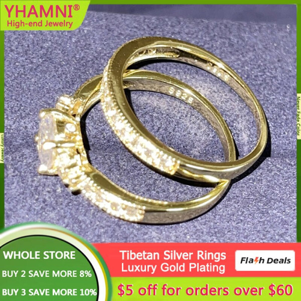 Med inloggningsuppgifter Fint rent guldfärg äkta tibetanska silverringar för kvinnor 2.0ct Cubic Zircon Bröllopsringar Set Brudsmycken 6