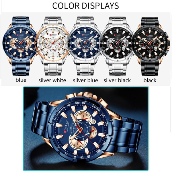 CURREN Watch Casual Sport Chronograph Armband i rostfritt stål Stor urtavla Quartz Vattentät självlysande klocka Relogio masculino rose blue box