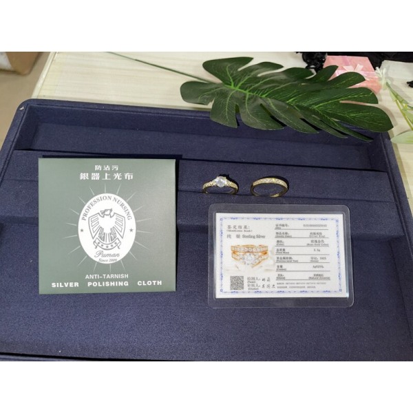 Med inloggningsuppgifter Fint rent guldfärg äkta tibetanska silverringar för kvinnor 2.0ct Cubic Zircon Bröllopsringar Set Brudsmycken 6