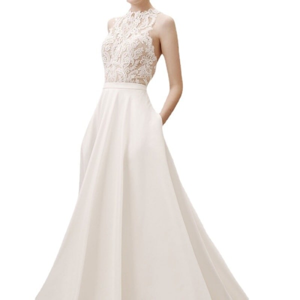 Eleganta spets A-linje bröllopsklänningar med o-ringad 2023 ärmlös morgonrock Brudklänningar för kvinnor vestidos de novia Ivory 6