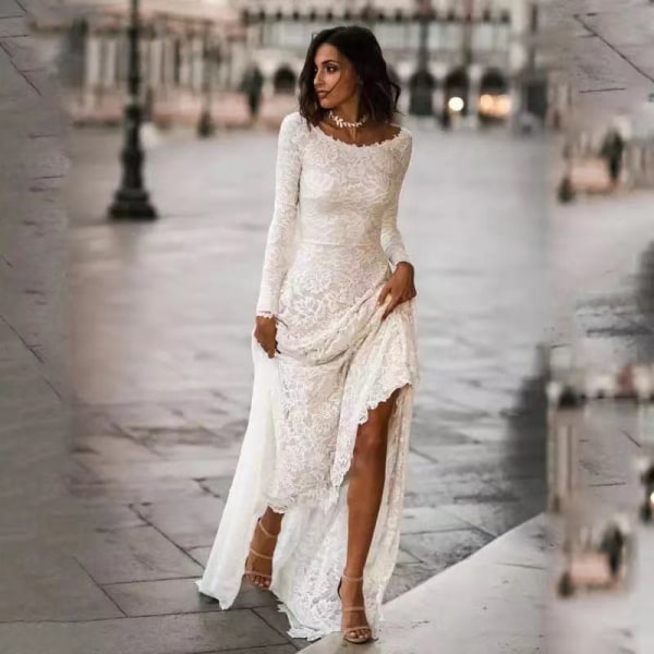 Boho O-ringad Bröllopsklänningar Sweep Train A-Line Applikationer Rygglös brudklänning Ärmlös Vestidos De Novia robe de mariée white 16