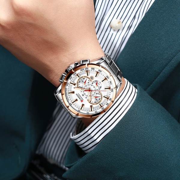 Herr Ny CURREN Casual Sport Chronograph Watch Armbandsur i rostfritt stål med stor urtavla kvartsklocka med lysande pekare rose silver box